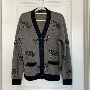 J Crew Merino Wool Cardigan Dogs Sheepdog Gray Black Medium EUC Destination Mens